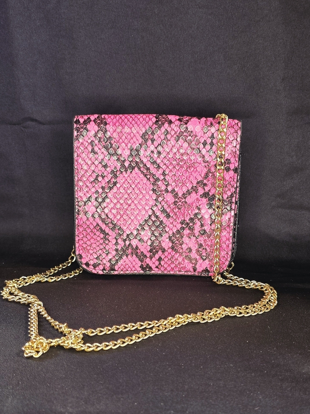 Neon Hot Pink Python Snakeskin Print Gold Chain Mini Crossbody Bag